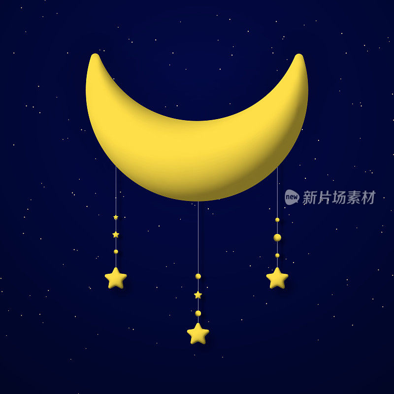 Cute 3d crescent moon and stars on night sky background. Square composition.